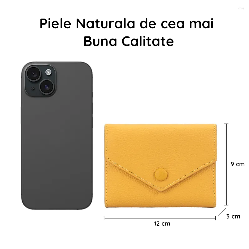Portofel de Dama din Piele Naturala Clavi, Moale, Delicat, Protectie RFID, Mini Clutch Scurt, Dimensiuni 12x9x3 cm, Galben [6]