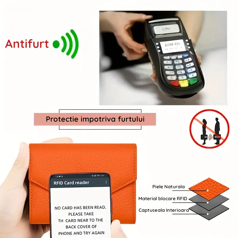 Portofel de Dama din Piele Naturala Clavi, Moale, Delicat, Protectie RFID, Mini Clutch Scurt, Dimensiuni 12x9x3 cm, Portocaliu [7]