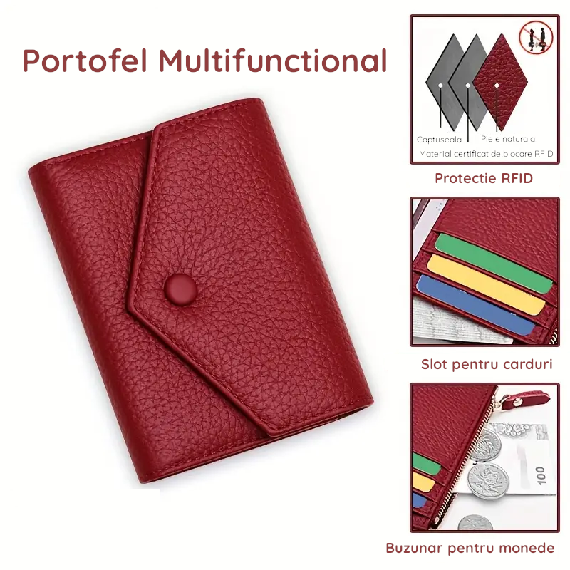 Portofel de Dama din Piele Naturala Clavi, Moale, Delicat, Protectie RFID, Mini Clutch Scurt, Dimensiuni 12x9x3 cm, Rosu-Grena [5]