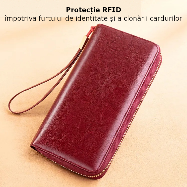 Portofel de Dama din Piele Naturala Clavi, spatios, cu protectie RFID, Dimensiuni 20x10.5x2.5 cm, Rosu Grena [2]