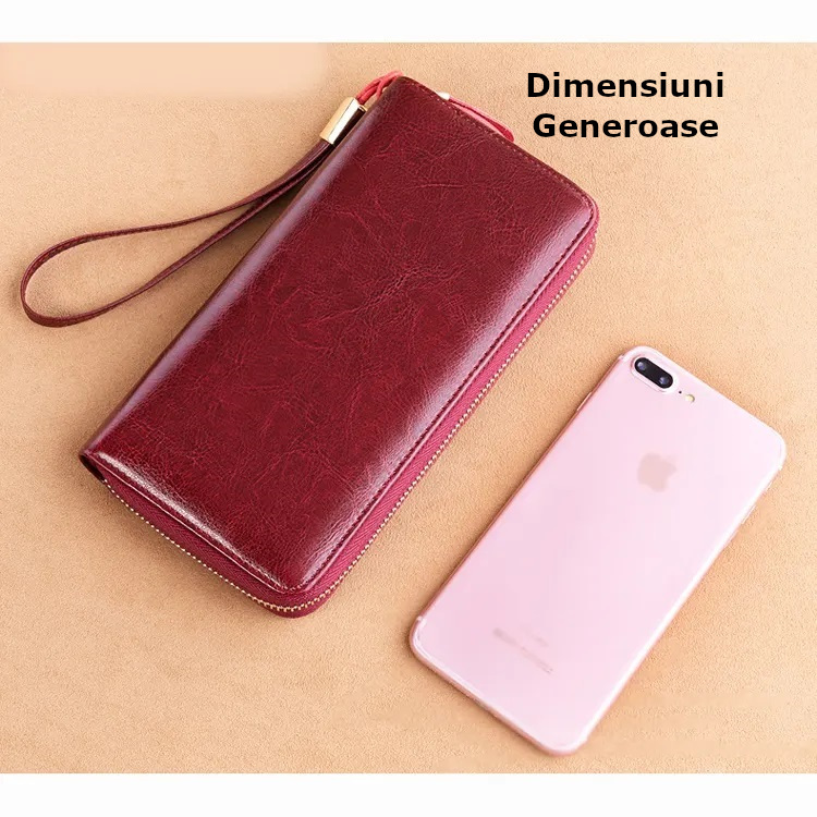 Portofel de Dama din Piele Naturala Clavi, spatios, cu protectie RFID, Dimensiuni 20x10.5x2.5 cm, Rosu Grena [5]