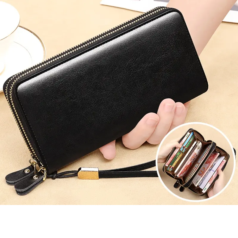 Portofel de Dama din Piele Naturala Clavi, Spatios, cu Protectie RFID, Fermoar Dublu, Dimensiuni 20x10 x4 cm, Negru [4]