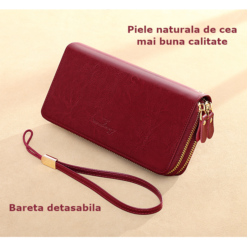Portofel de Dama din Piele Naturala Clavi, Spatios, cu Protectie RFID, Fermoar Dublu, Dimensiuni 20x10 x4 cm, Rosu Grena [7]