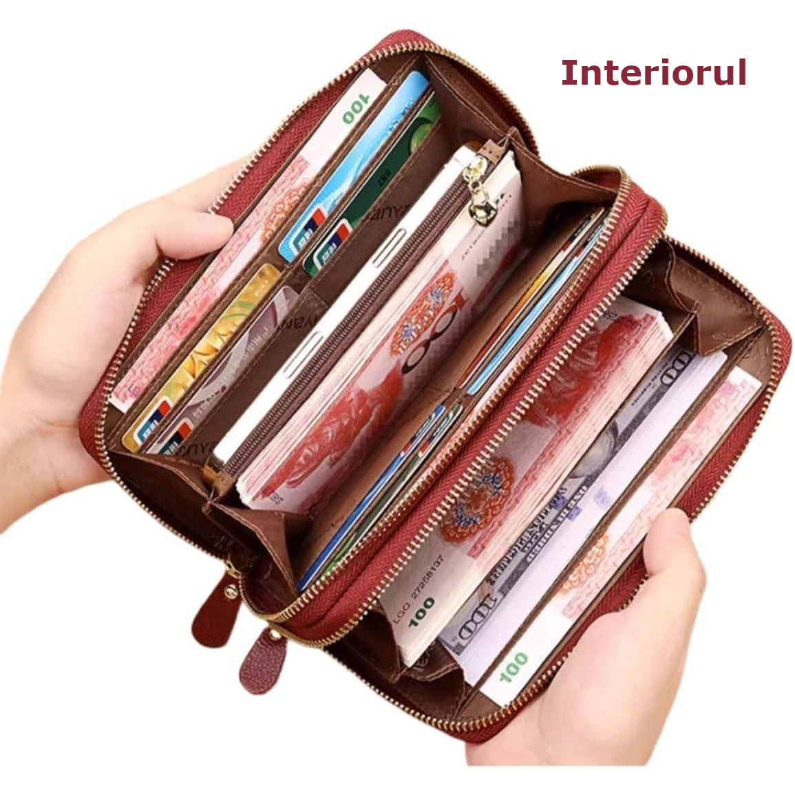 Portofel de Dama din Piele Naturala Clavi, Spatios, cu Protectie RFID, Fermoar Dublu, Dimensiuni 20x10 x4 cm, Rosu Grena [5]