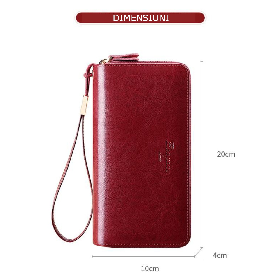 Portofel de Dama din Piele Naturala Clavi, Spatios, cu Protectie RFID, Fermoar Dublu, Dimensiuni 20x10 x4 cm, Rosu Grena [8]