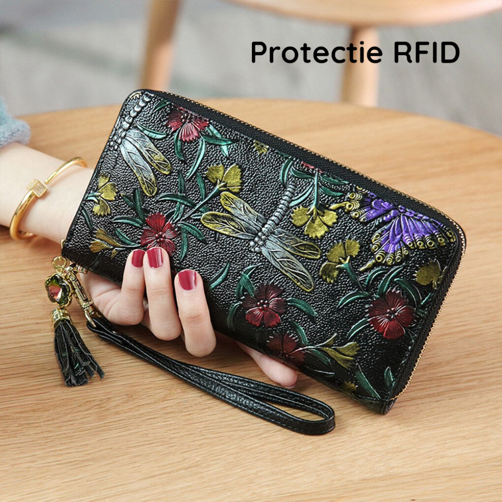 Portofel de Dama din Piele Naturala Clavi, Spatios, Imprimare Tridimensionala Libelula si Fluturi, cu Protectie RFID, Dimensiuni 20x10.5x2.5 cm, Negru [2]