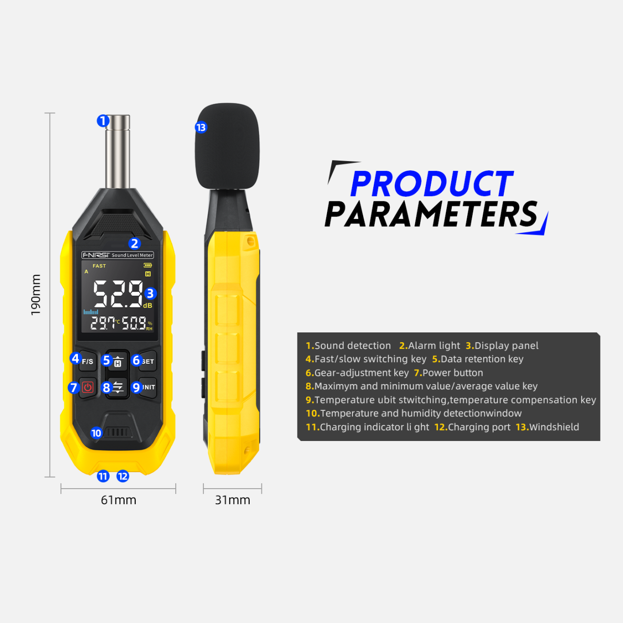 Sonometru digital FNIRSI FDM01, aparat pentru masurarea sunetului si a zgomotului intre 30 si 130dB, decibelmetru, dispay LCD iluminat, portabil, precis, compact [2]
