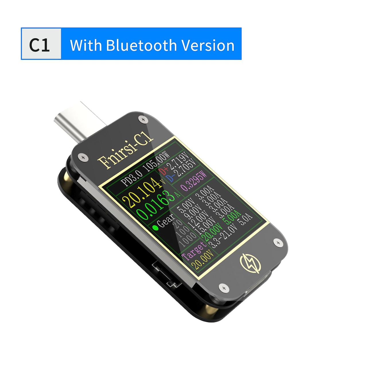 Tester USB Type-C FNIRSI C1, masoara curentul si tensiunea, detecteaza protocolul de incarcare pe USB, capacitatea de incarcare, precis, compact (cu bluetooth) [1]