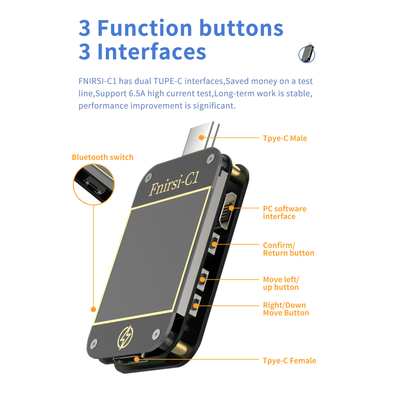 Tester USB Type-C FNIRSI C1, masoara curentul si tensiunea, detecteaza protocolul de incarcare pe USB, capacitatea de incarcare, precis, compact (cu bluetooth) [2]