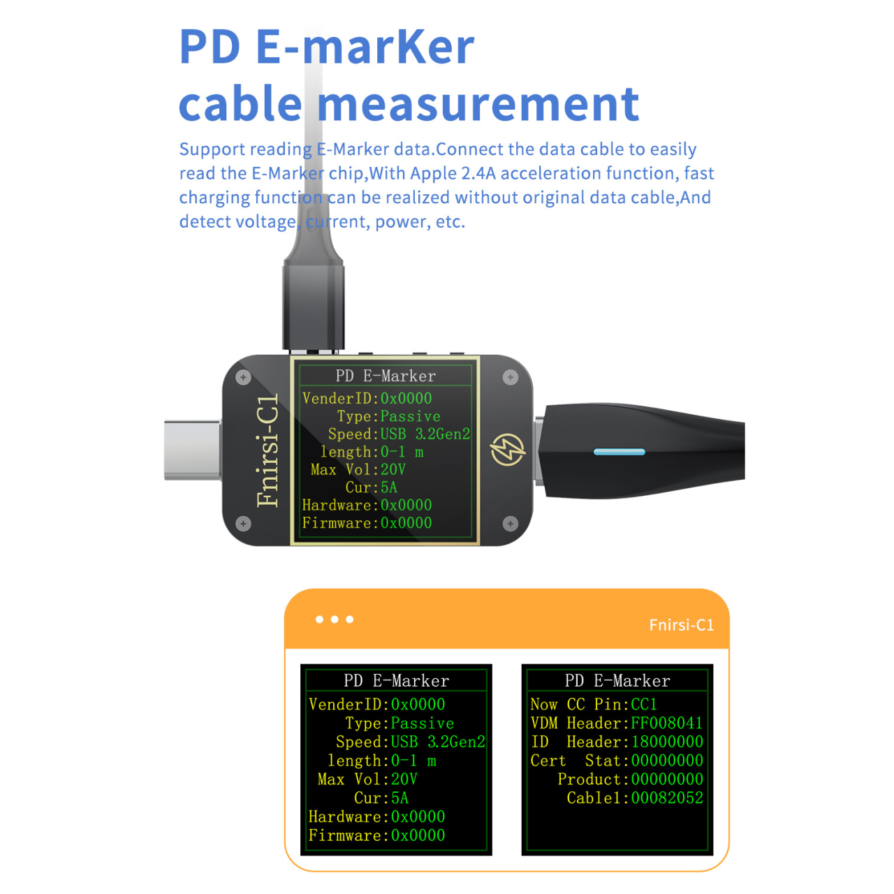 Tester USB Type-C FNIRSI C1, masoara curentul si tensiunea, detecteaza protocolul de incarcare pe USB, capacitatea de incarcare, precis, compact (cu bluetooth) [12]