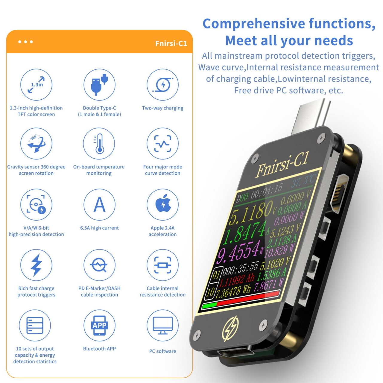 Tester USB Type-C FNIRSI C1, masoara curentul si tensiunea, detecteaza protocolul de incarcare pe USB, capacitatea de incarcare, precis, compact (cu bluetooth) [4]