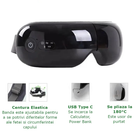 Aparat de Masaj pentru Ochi Clavi, Bluetooth, Muzica Ambientala, 4 Moduri de Masaj, Compresie Termica, Presopunctura, Perne de Aer, Vibratii, Reincarcabil USB, Banda Reglabila, Relaxare si Stimulare Vizuala, Negru [10]