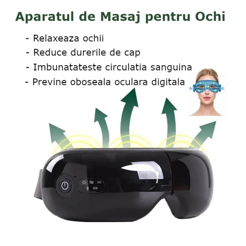Aparat de Masaj pentru Ochi Clavi, Bluetooth, Muzica Ambientala, 4 Moduri de Masaj, Compresie Termica, Presopunctura, Perne de Aer, Vibratii, Reincarcabil USB, Banda Reglabila, Relaxare si Stimulare Vizuala, Negru [2]