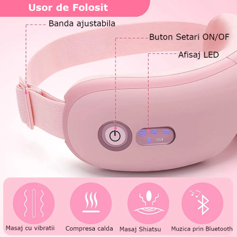 Aparat de Masaj pentru Ochi Clavi, Bluetooth, Muzica Ambientala, 4 Moduri de Masaj, Compresie Termica, Presopunctura, Perne de Aer, Vibratii, Reincarcabil USB, Banda Reglabila, Relaxare si Stimulare V [1]