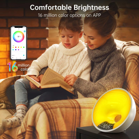 Ceas desteptator digital cu milioane de culori 25 sunete naturale si 6 preseturi ritmate de lumini, radio FM, conectare Bluetooth, aplicatie Android [7]