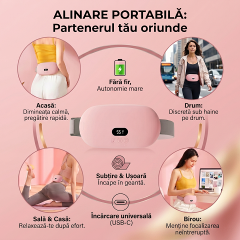 Centura Abdominala Termica Aparat de Masaj Clavi pentru Dureri Menstruale si Lombare, 5 Niveluri de Incalzire, 5 Moduri de Masaj cu Vibratie, Afisaj Digital Inteligent, Roz [5]
