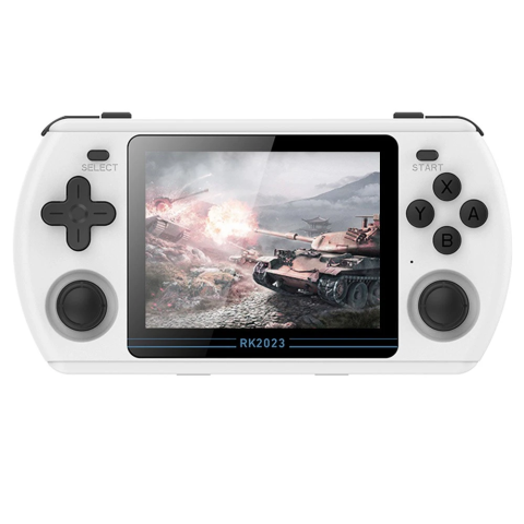 Gaming - Consola de jocuri retro Powkiddy RK2023, culoare alba, portabila, suport pentru 23+ emulatoare retro
