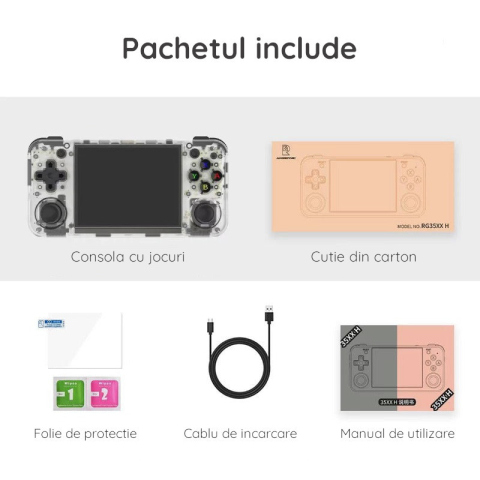 Consola portabila retro ANBERNIC RG35XX H cu jocuri, quad core Cortex-A53 1.5GHz, 1GB LPDDR4, IPS LCD 3.5" 640x480, 3300 mAh, WiFi 5, Bluetooth 4.2, alb transparent [12]