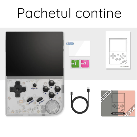 Consola retro ANBERNIC RG35XX 64GB cu jocuri, quad core Cortex-A53 1.5GHz, 1GB LPDDR4, IPS LCD 3.5" 640x480 4:3, acumulator 2600 mAh, alb transparent, portabila [3]