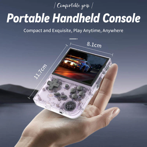 Consola retro ANBERNIC RG35XX 64GB cu jocuri, quad core Cortex-A53 1.5GHz, 1GB LPDDR4, IPS LCD 3.5" 640x480 4:3, acumulator 2600 mAh, mov transparent, portabila [11]