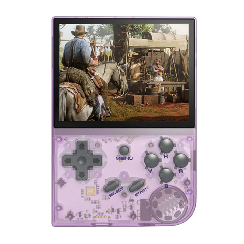 Gaming - Consola retro ANBERNIC RG35XX 64GB cu jocuri, quad core Cortex-A53 1.5GHz, 1GB LPDDR4, IPS LCD 3.5" 640x480 4:3, acumulator 2600 mAh, mov transparent, portabila