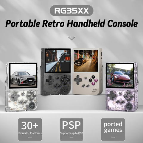 Consola retro ANBERNIC RG35XX 64GB cu jocuri, quad core Cortex-A53 1.5GHz, 1GB LPDDR4, IPS LCD 3.5" 640x480 4:3, acumulator 2600 mAh, mov transparent, portabila [16]