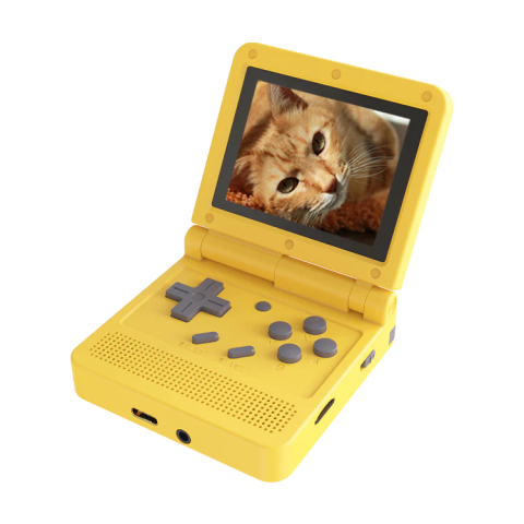 Gaming - Consola retro portabila Powkiddy V90 64GB cu jocuri, IPS LCD 2.8" 320x240, BL-5C 1200 mAh, Miyoo CFW, galben, cu clapita