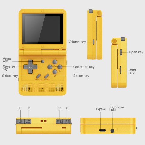 Consola retro portabila Powkiddy V90 64GB cu jocuri, IPS LCD 2.8" 320x240, BL-5C 1200 mAh, Miyoo CFW, galben, cu clapita [5]