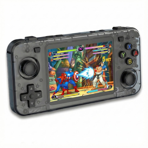 Gaming - Consola retro portabila R36H 64GB cu jocuri, quad core Cortex-A53 1.5GHz, 1GB DDR3, IPS LCD 3.5" 640x480, 3000 mAh, negru transparent