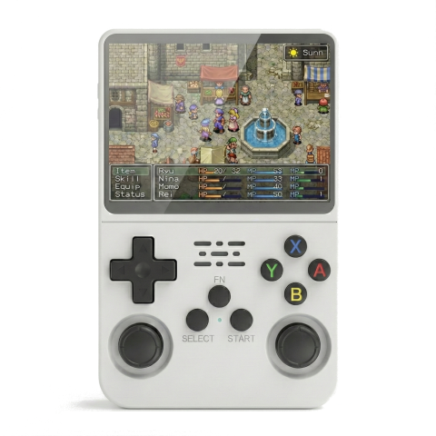 Console Retro - Consola retro portabila R36S 64GB cu jocuri, quad core Cortex-A53 1.5GHz, 1GB DDR3, IPS LCD 3.5" 640x480, 3200 mAh, alb
