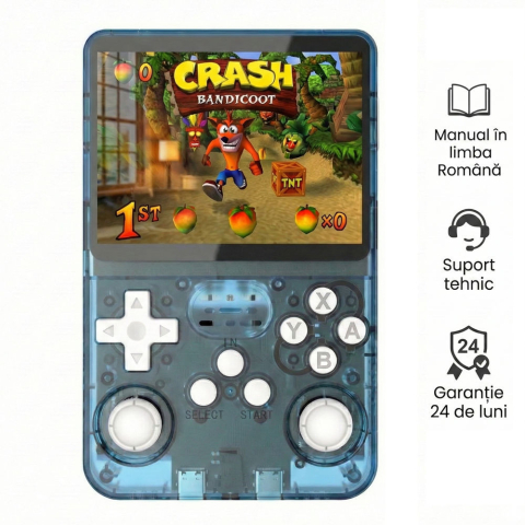 Consola retro portabila R36S 64GB cu jocuri, quad core Cortex-A53 1.5GHz, 1GB DDR3, IPS LCD 3.5" 640x480, 3200 mAh, albastru transparent [1]