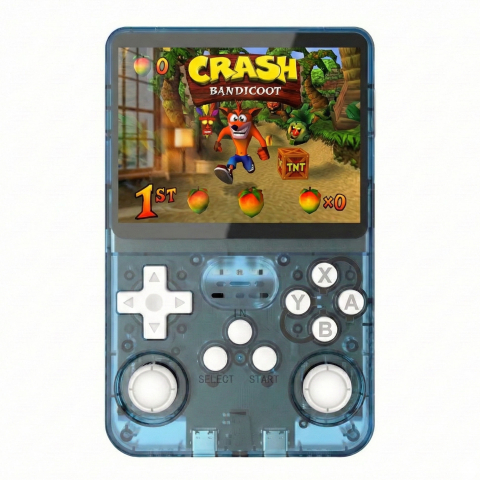 Console Retro - Consola retro portabila R36S 64GB cu jocuri, quad core Cortex-A53 1.5GHz, 1GB DDR3, IPS LCD 3.5" 640x480, 3200 mAh, albastru transparent