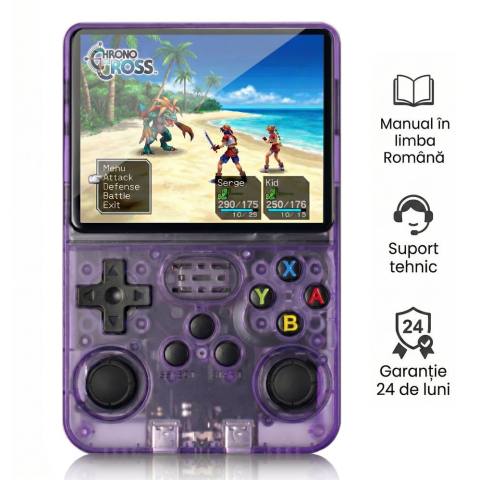 Consola retro portabila R36S 64GB cu jocuri, quad core Cortex-A53 1.5GHz, 1GB DDR3, IPS LCD 3.5" 640x480, 3200 mAh, mov transparent [1]