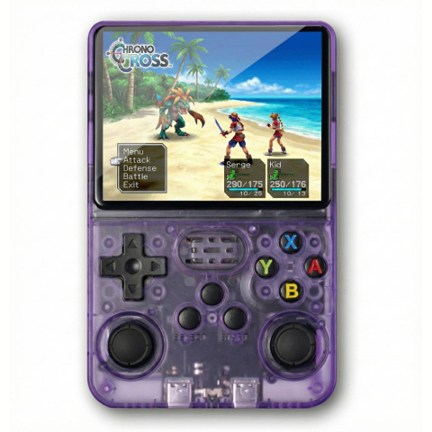 Console Retro - Consola retro portabila R36S 64GB cu jocuri, quad core Cortex-A53 1.5GHz, 1GB DDR3, IPS LCD 3.5" 640x480, 3200 mAh, mov transparent