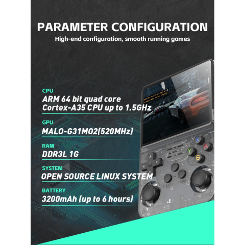 Consola retro portabila R36S 64GB cu jocuri, quad core Cortex-A53 1.5GHz, 1GB DDR3, IPS LCD 3.5" 640x480, 3200 mAh, negru transparent [3]
