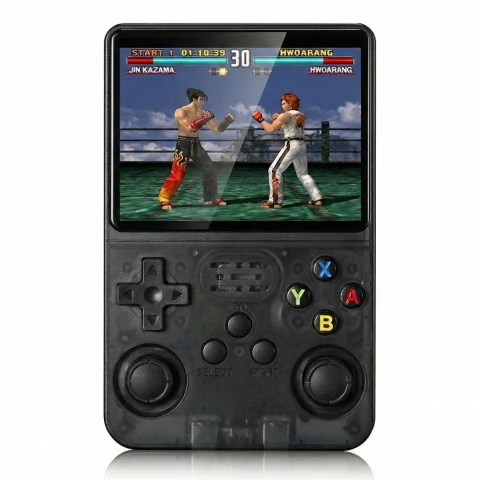 Gaming - Consola retro portabila R36S 64GB cu jocuri, quad core Cortex-A53 1.5GHz, 1GB DDR3, IPS LCD 3.5" 640x480, 3200 mAh, negru transparent