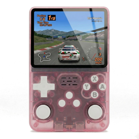 Console Retro - Consola retro portabila R36S 64GB cu jocuri, quad core Cortex-A53 1.5GHz, 1GB DDR3, IPS LCD 3.5" 640x480, 3200 mAh, roz transparent