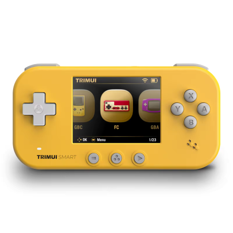 Gaming - Consola retro portabila TRIMUI Smart 64GB cu jocuri, Cortex-A7 1.2GHz, 128MB LPDDR4, IPS LCD 2.4" 320x240, 1000 mAh, WiFi 4, Bluetooth 4.0, galben