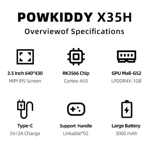 Consola retro Powkiddy X35H 64GB cu jocuri, quad core Cortex-A55 2.0GHz, 1GB RAM, IPS LCD 3.5" 640x480 4:3, acumulator 3000 mAh, bluetooth, albastra, portabila [2]