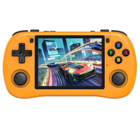 Gaming - Consola retro Powkiddy X35H 64GB cu jocuri, quad core Cortex-A55 2.0GHz, 1GB RAM, IPS LCD 3.5" 640x480 4:3, acumulator 3000 mAh, bluetooth, portocalie, portabila