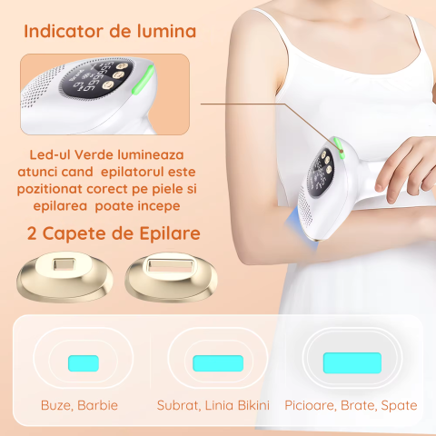 Epilator IPL Clavi, Premium, Functie ICE Cool cu Racire, Epilare Definitiva, Intinerire Piele, Reducere Acnee, 9 Trepte de Intensitate, 999 999 Pulsatii, 2 Capete de Schimb, Senzor Piele, Alb Auriu [6]