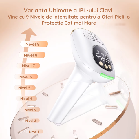 Epilator IPL Clavi, Premium, Functie ICE Cool cu Racire, Epilare Definitiva, Intinerire Piele, Reducere Acnee, 9 Trepte de Intensitate, 999 999 Pulsatii, 2 Capete de Schimb, Senzor Piele, Alb Auriu [2]