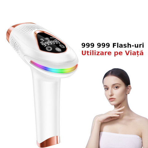 Epilator IPL Clavi, Premium PRO, Functie ICE Cool cu Racire, Epilare Definitiva, Intinerire Piele, Reducere Acnee, 9 Trepte de Intensitate, 999 999 Pulsatii, 2 Capete de Schimb, Senzor Piele Led, Alb [9]