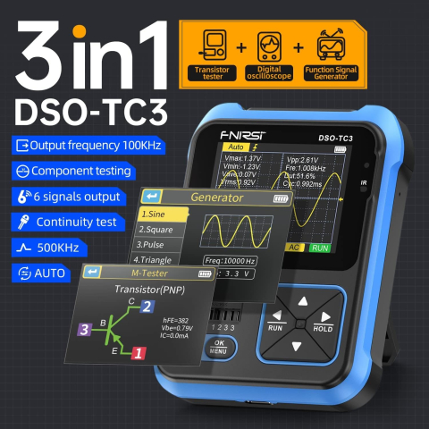 Osciloscop digital DSO-TC3 (High Profile), MOSMAOO®, Generator de semnal, Tester de tranzistori, Cu rol de multimetru, Masoara temperatura si umiditatea, Cu senzor infrarosu, Albastru [1]