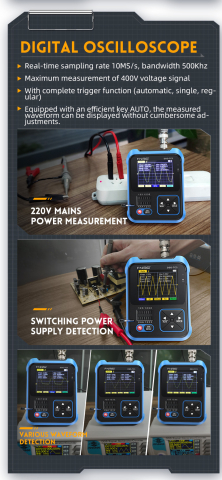 Osciloscop digital FNIRSI DSO-TC3 (Standard), cu rol de multimetru, generator de semnal, tester de tranzistori, masoara temperatura si umiditatea si cu senzor infrarosu [10]