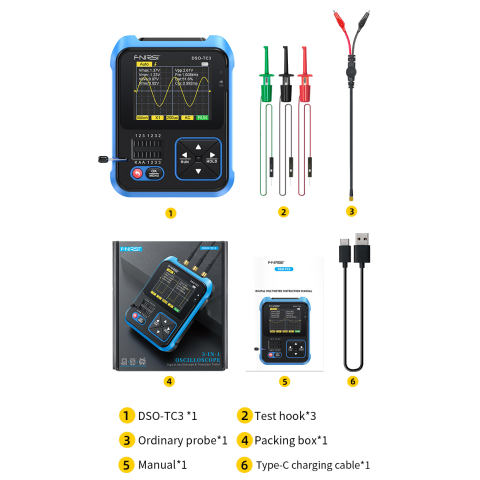 Osciloscop digital FNIRSI DSO-TC3 (Standard), cu rol de multimetru, generator de semnal, tester de tranzistori, masoara temperatura si umiditatea si cu senzor infrarosu [15]