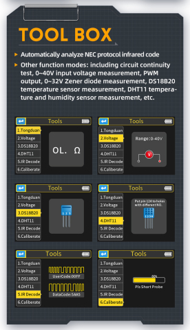 Osciloscop digital FNIRSI DSO-TC3 (Standard), cu rol de multimetru, generator de semnal, tester de tranzistori, masoara temperatura si umiditatea si cu senzor infrarosu [13]