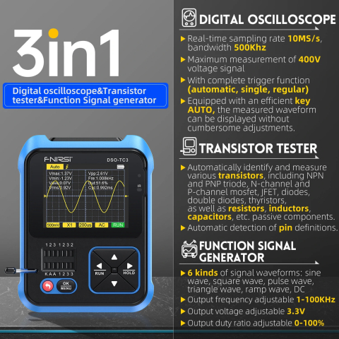 Osciloscop digital FNIRSI DSO-TC3 (Standard), cu rol de multimetru, generator de semnal, tester de tranzistori, masoara temperatura si umiditatea si cu senzor infrarosu [2]
