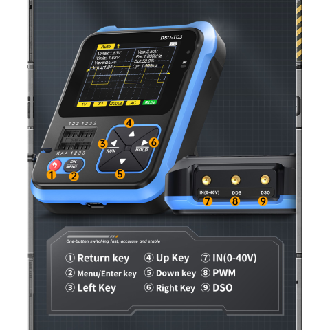 Osciloscop digital FNIRSI DSO-TC3 (Standard), cu rol de multimetru, generator de semnal, tester de tranzistori, masoara temperatura si umiditatea si cu senzor infrarosu [14]
