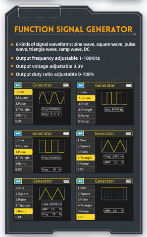 Osciloscop digital FNIRSI DSO-TC3 (Standard), cu rol de multimetru, generator de semnal, tester de tranzistori, masoara temperatura si umiditatea si cu senzor infrarosu [12]